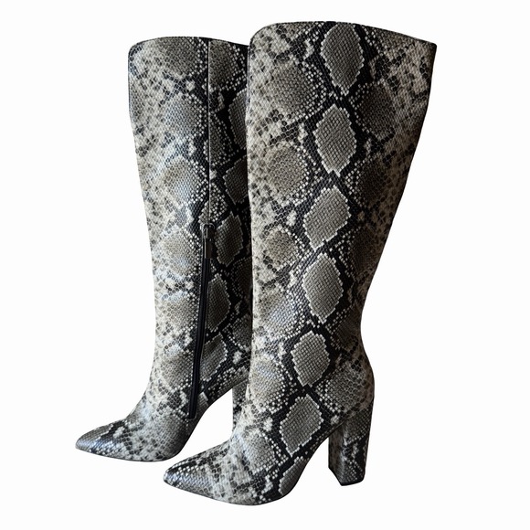 ShoeDazzle Shoes - Knee High Snakeskin Print Boots Sz 6.5 Edgy Rocker Black Gray Mattison Glam Rock